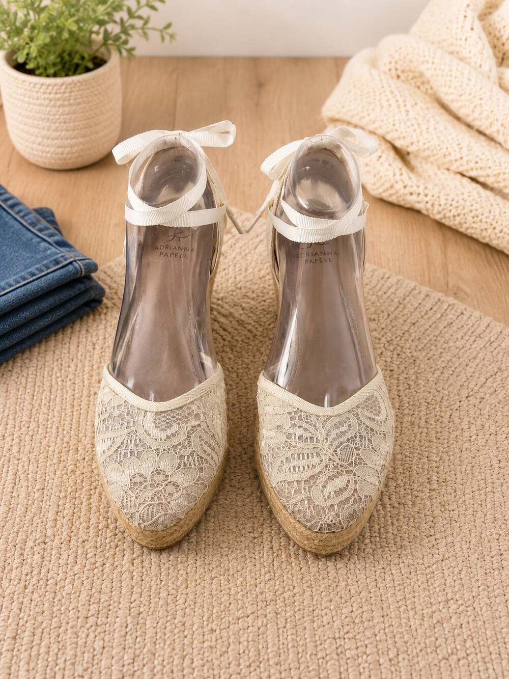 Adrianna Papell Lace Espadrille Wedge Sandals Ivory Ankle Tie Size 9M